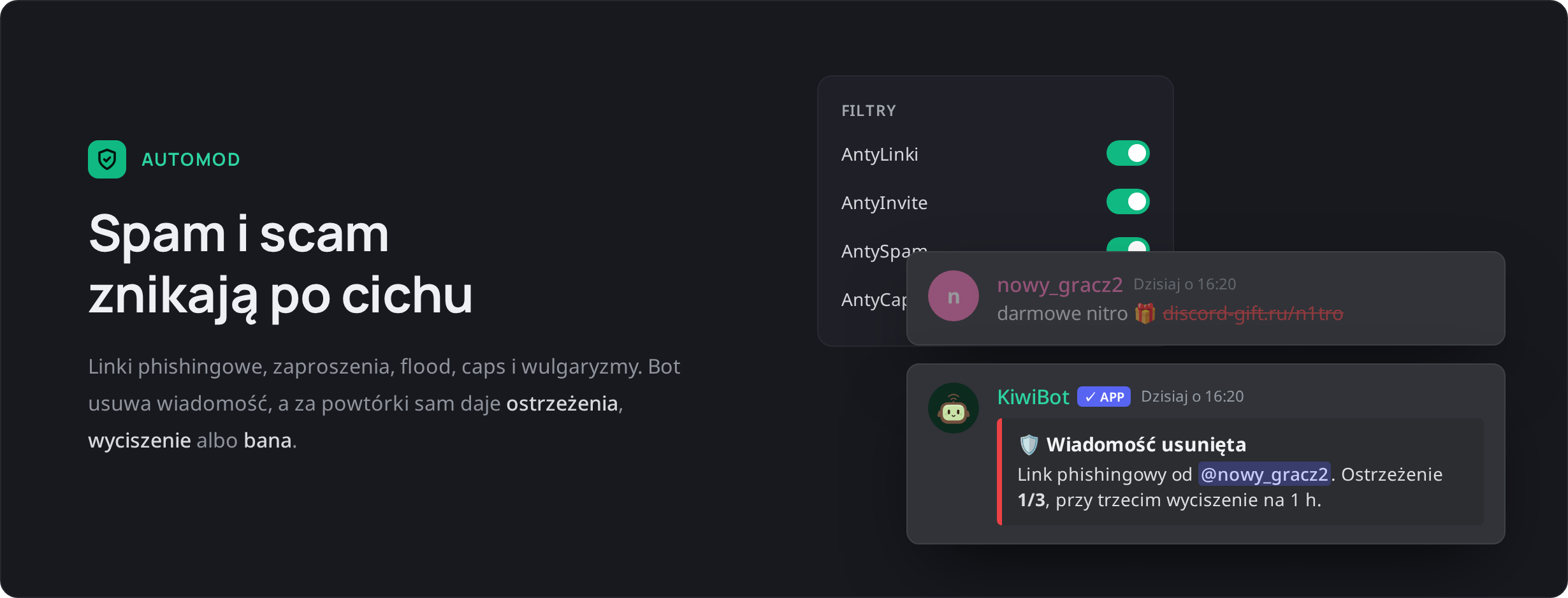 AutoMod KiwiBota usuwa link phishingowy i daje ostrzeżenie