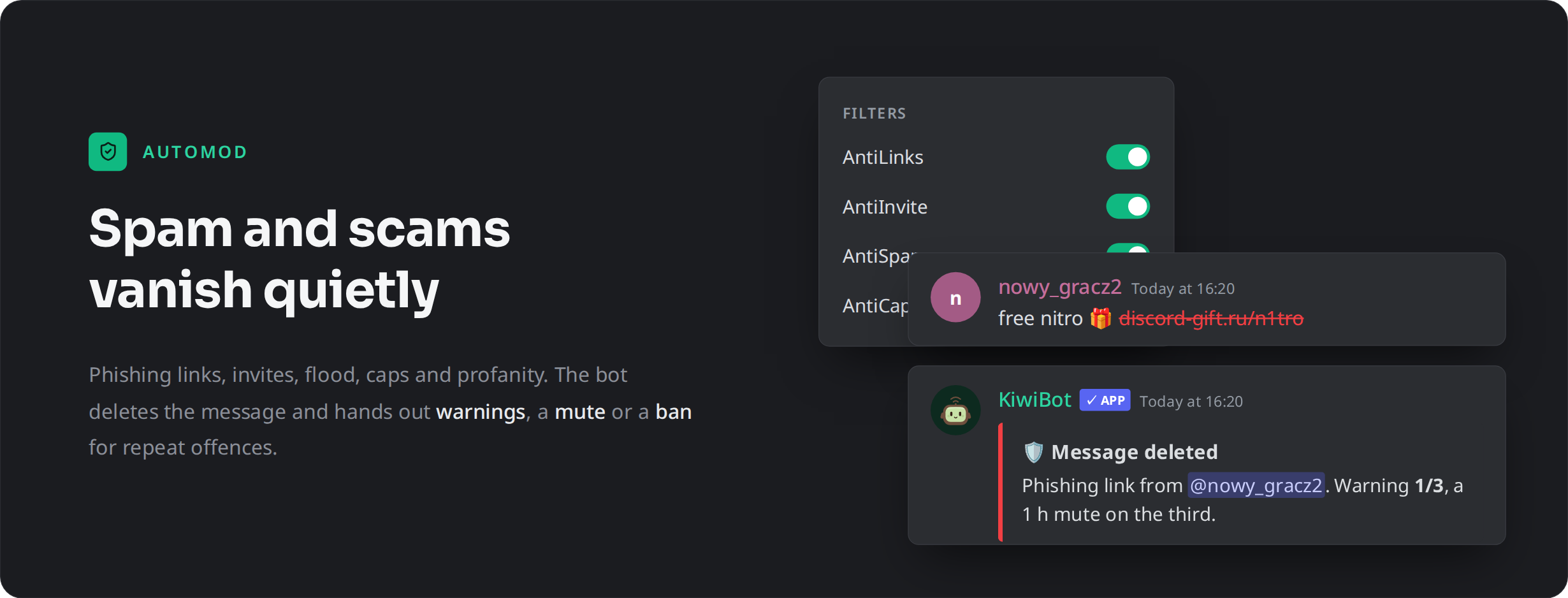 KiwiBot's AutoMod removes a phishing link and issues a warning