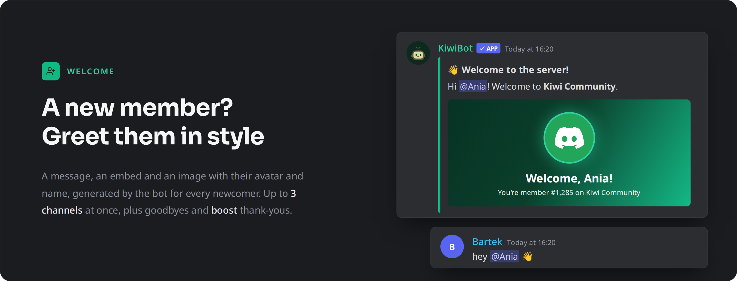 KiwiBot greets a new member with a welcome image