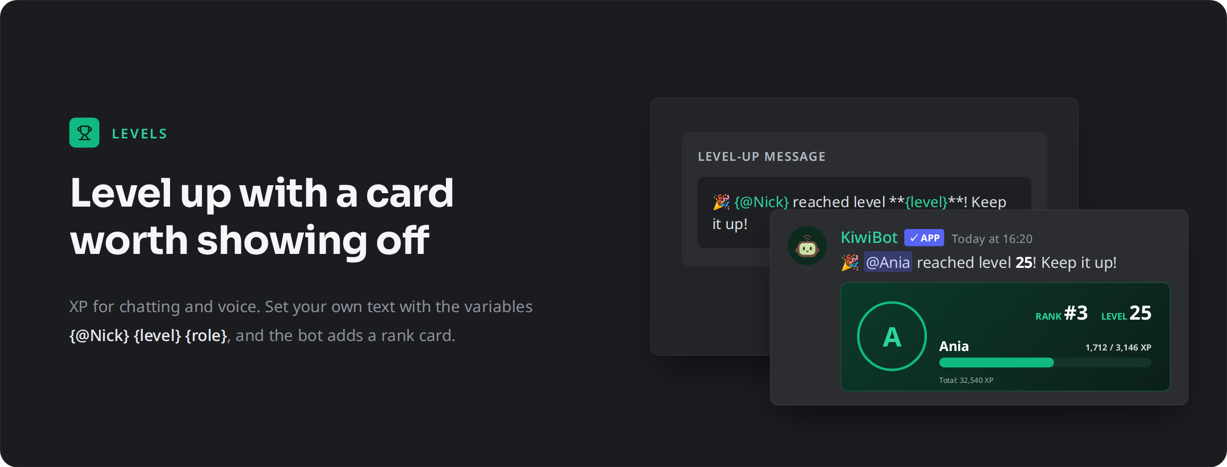 KiwiBot level-up message with a rank card