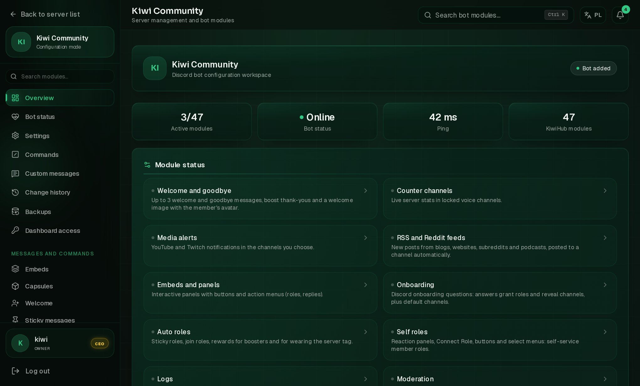 KiwiHub dashboard: server module overview